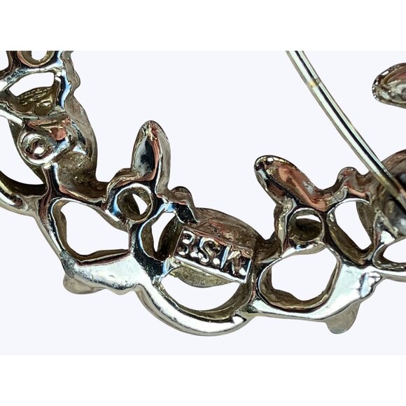 Vintage BSK Round Silver-Toned Brooch With Green Blue Rhinestones - Picture 6 of 13